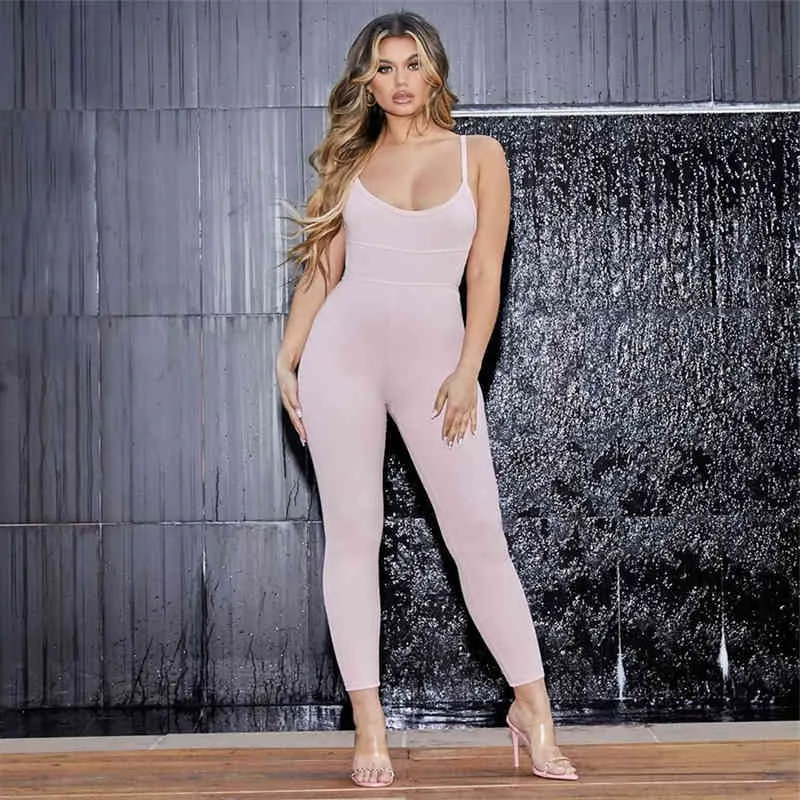 Sexy Backless Jumpsuit Women Sweat Rompers Spaghetti Strap Sleeveless Camis Overalls Slim Sling Club Party Femme Solid 210517