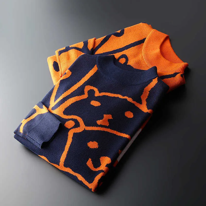 Heren herfst casual truien ijsbeer patroon trendy slanke truien katoen lange mouw ronde kraag mannelijke warme truien oranje 211006