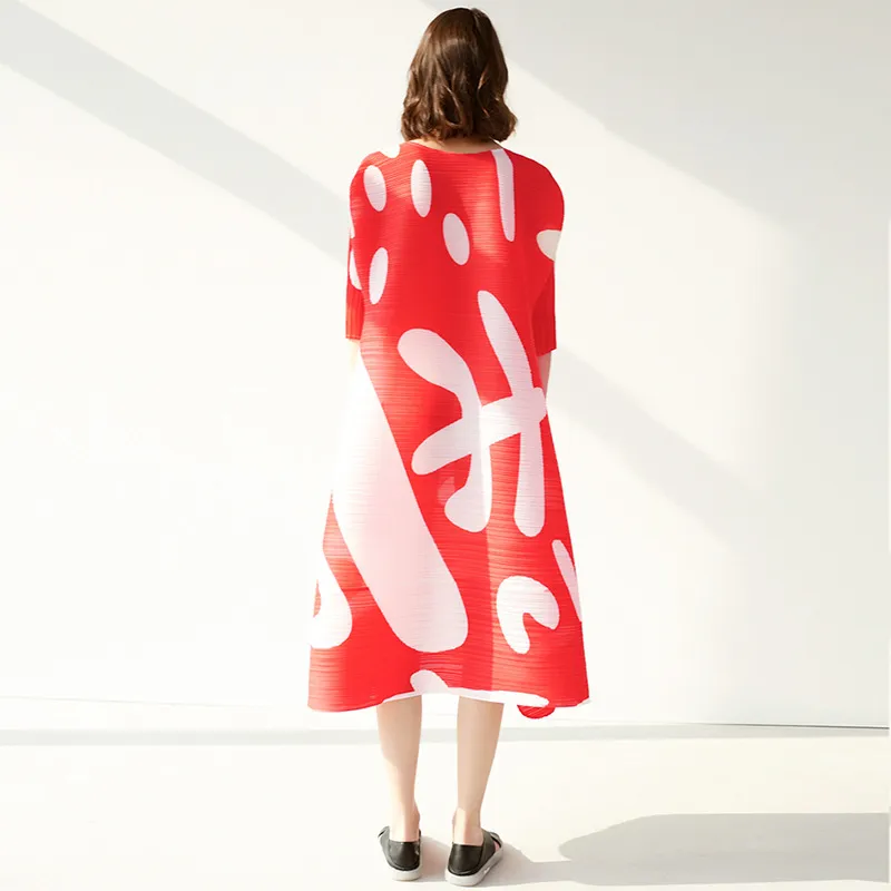 VKBN s Dress Donna O-Collo Motivo geometrico Stampa Mezza manica rossa e nera Vestidos De Fiesta 210507