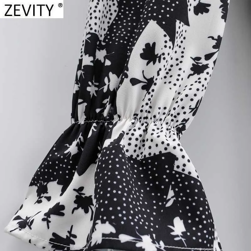 Zevity女性エレガントO首のコントラストカラーパッチワークプリント裾フリルMIDIドレスオフィスレディースシックフレアスリーブVestido DS4680 210603