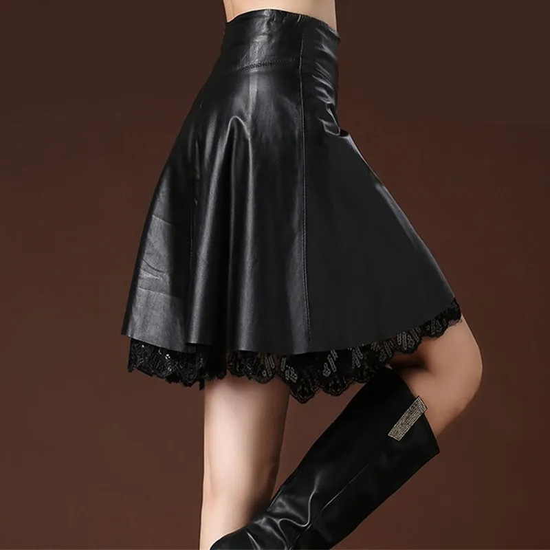 Kvinnor läder kjol spets sexig vintage pu mini kjol svart hög midja casual mode grundläggande kjol femme streetwear p122 storlek xl