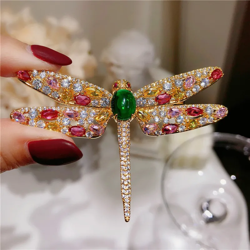 Dragonfly Brooch Women's Super Flash Pin Green Chalcedony Texture Colorful Zircon Corsage Temperament Coat Sweater Accessories