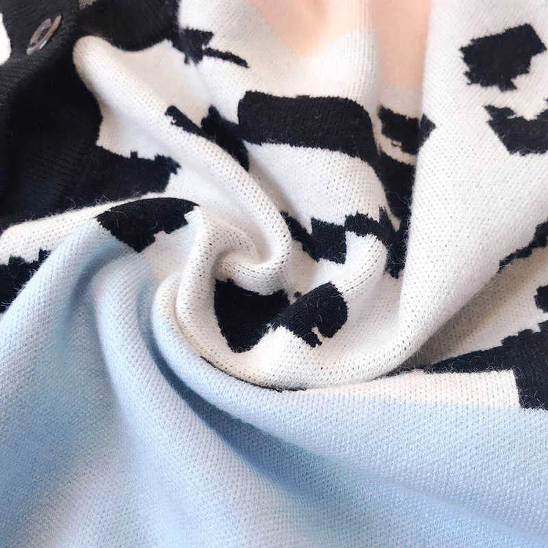 Зимняя одежда Женщины, блокирующие цветные лоскутные свитера Леди кнопка V-образным вырезом короткий кардиган леопард повседневная плюс размер Mujer 210604