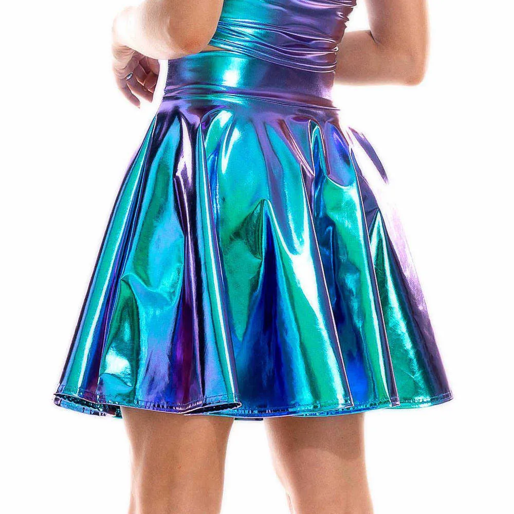 Sommar sexig laser hög midja mini pu läder kjol klubb fest dans glänsande holografiska kjolar hajuku jk metalliska pläterade kjolar 210724