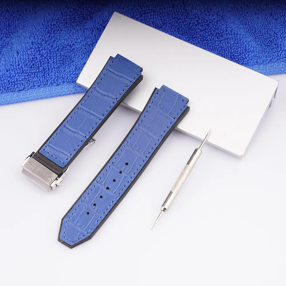 2519 mm echte koe lederen rubberen horlogeband zilvergouden clasp zwart voor hub -band voor big knal riem horlogeband met gereedschap9262102