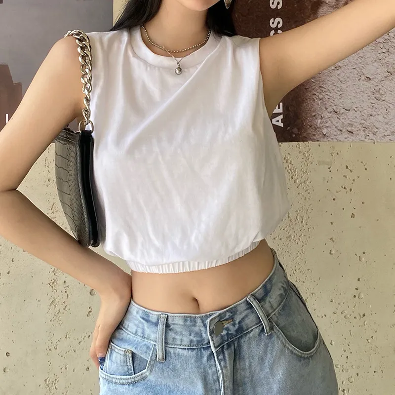 Verão Branco Sem Mangas T-Shirt Mulheres Y2K Moda Casual Algodão Loxo Crop Tops Harajuku Coreano O-Pescoço Básico T-shirt Cropped 210515