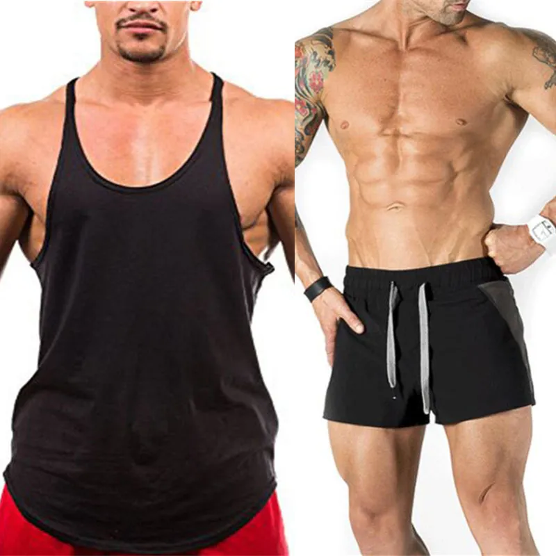 Nouveau Ensembles Plain Gym Vêtements Fitness Survêtement Hommes Bodybuilding Stringer Débardeur + Shorts Hommes Jogging Survêtement 210421