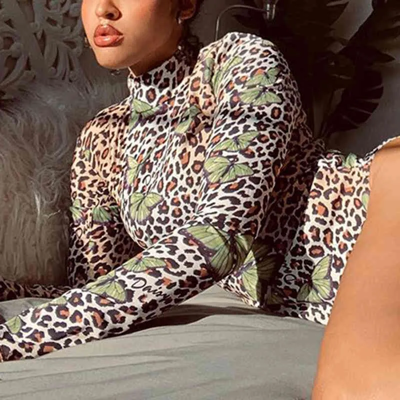 Outono estilo de inverno leopardo elegante elegante senhoras macacão tops manga comprida o-pescoço bodysuit party club outfits 210517