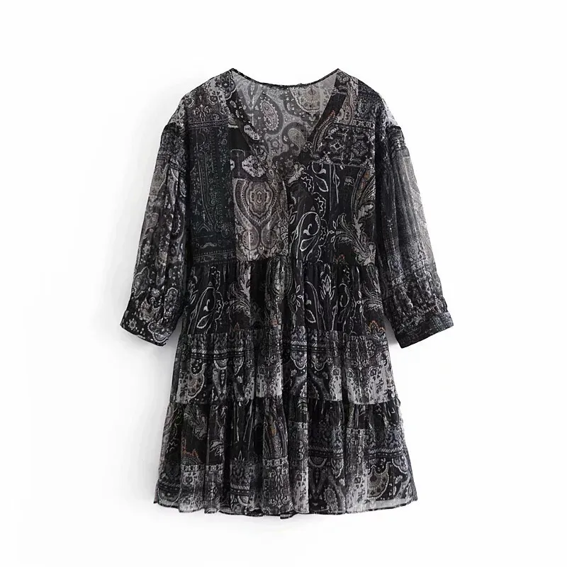 Vintage zwarte print mini vrouw jurk mode ruche v-hals chiffon korte es vrouwen lente chique casual 210519