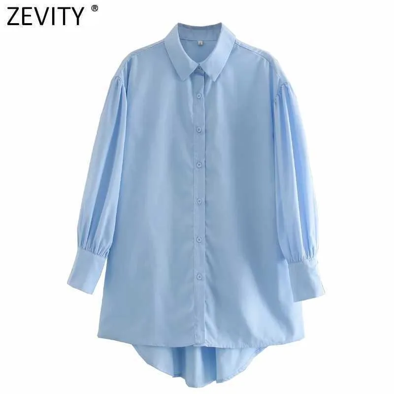 Zevity Women Fashion Solid Färg Långtröjor Ladies Lantern Sleeve Tillbaka Platser Blusar Chic Roupas Femininas Chemise Toppar LS7364 210603