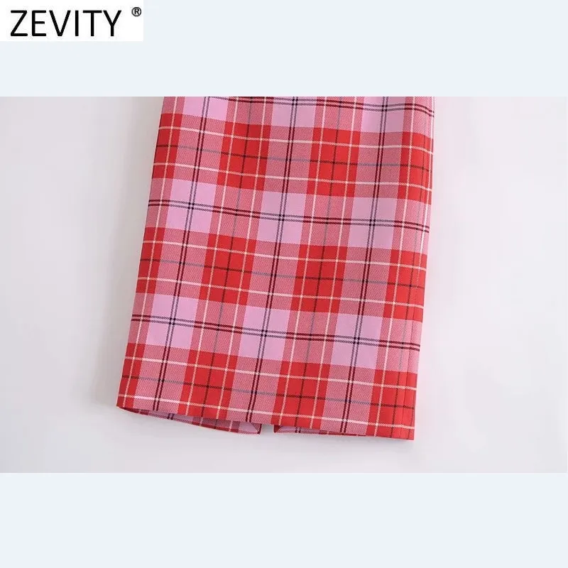 Zevity Nouvelles Femmes Vintage Rouge Plaid Imprimer Casual Une Ligne Midi Jupe Faldas Mujer Femelle Fermeture À Glissière Fendue Minceur Robes QUN743 210412