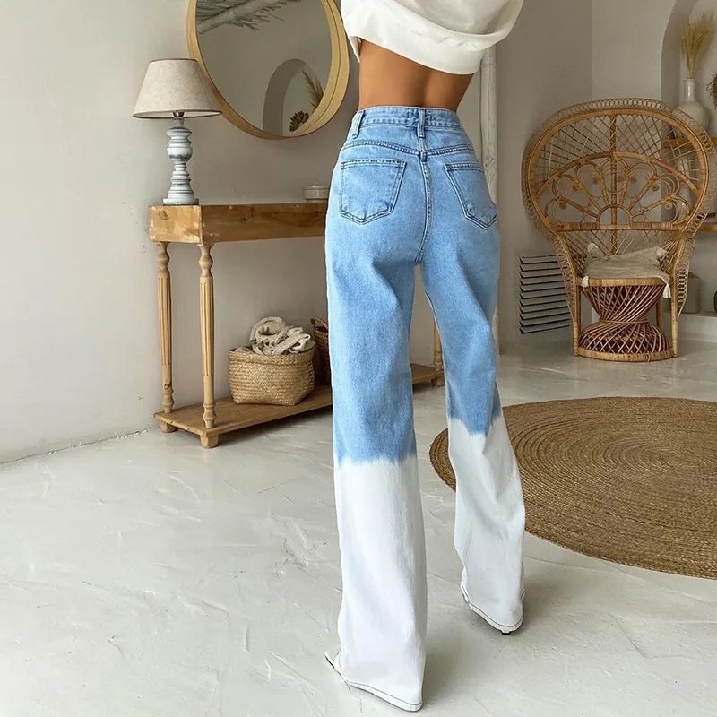 EZGAGA Женские джинсы галстуки краситель лоскутная высокая талия широкая нога брюки мода женские джинсовые брюки все-матч Femme Pantalon Streetwear 210430