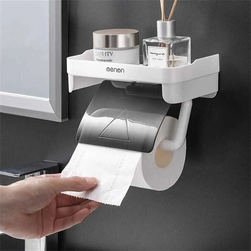 Badkamer Toiletpapier Houder Plank Wandmontage Papierrol Opbergrek Multifunctionele Tissue Houder Met Mobiele Telefoon Opslag 210811