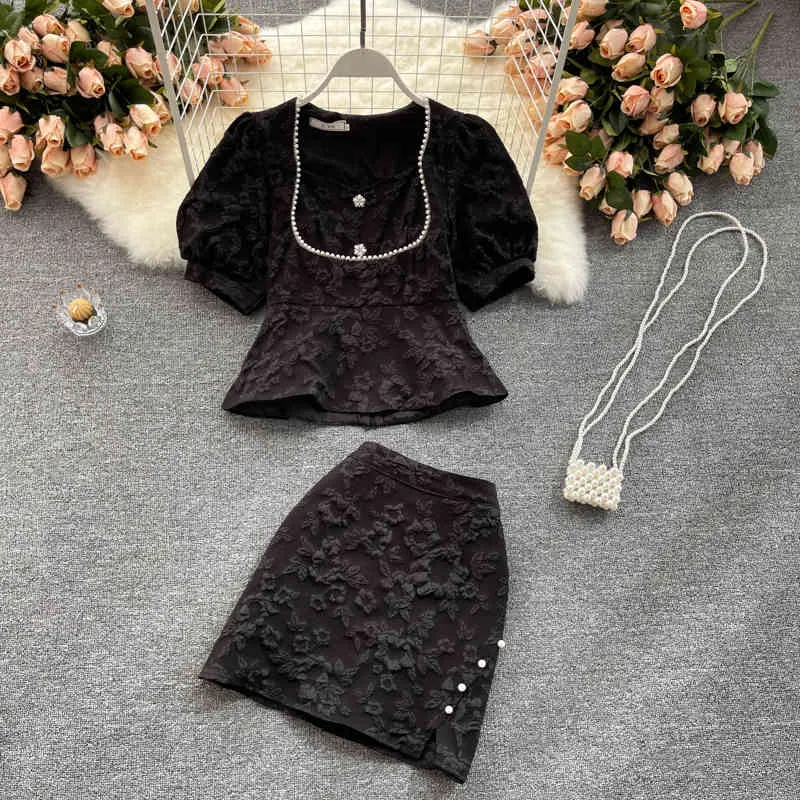 Kimutomo Elegant Kvinnor Sommar Sommar Kontor Lady Puff Sleeve Beading Square Collar Toppar Hög midja Kjolar Solid Set 210521