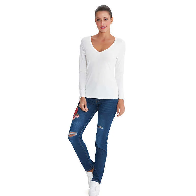 Höst Kvinnor V-Neck Cotton T Shirt Plain Solid Långärmad Vit Casual Kvinna Slim Basic Tees Plus Size M30166 x0628