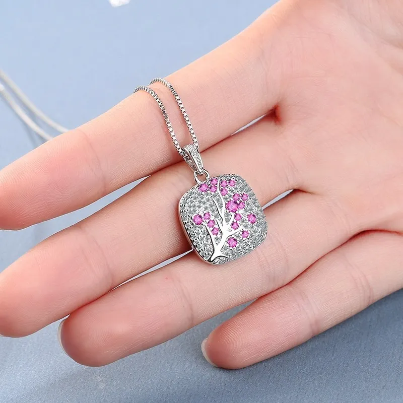 Fashion Black Gold Tree Necklace Jewelry 925 Sterling Silver Women Pendant Green Pink Zircon Square Girl Necklaces XDZ546