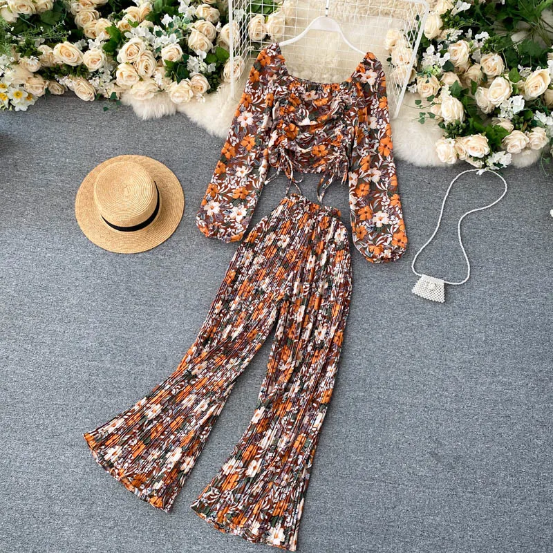 Women Autumn Boho Floral Set Puff Sleeve Drawstring Ruched Tops+High Waist Pleated Wide Leg Long Pants Two Pieces Set 210419