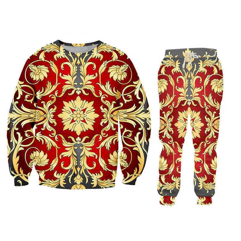 Mäns Set Casual Sets 3D Gold Flower Print Harajuku Hoodie And Jogger Pants Luxury Royal Floral Oversize Women Tracksuit x0909