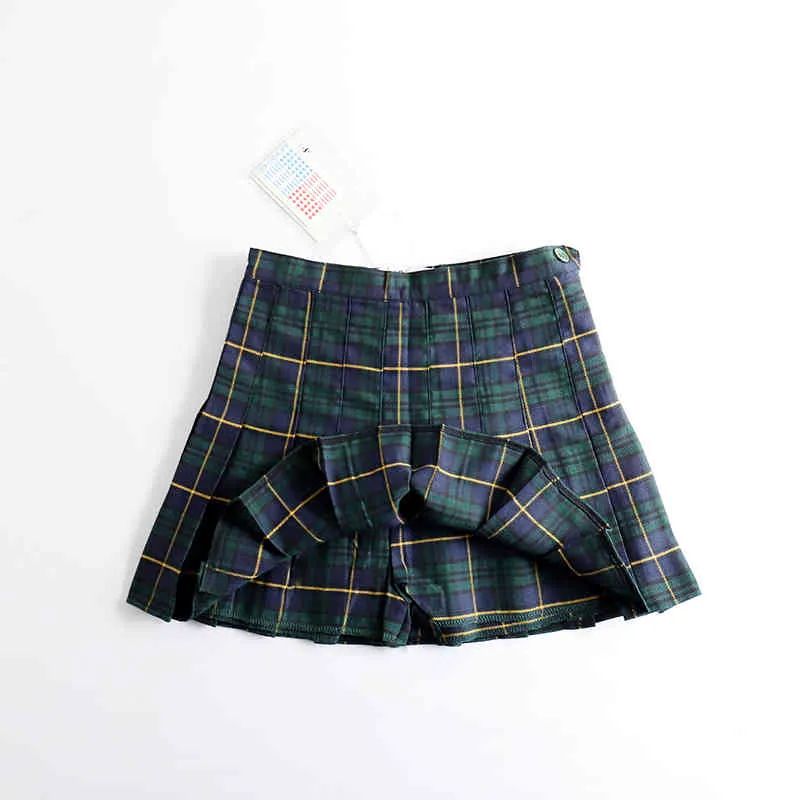 Harajuku Tartan Red Green Women Salia Sexy Saias Plaid plisadas de moda Mini saia lateral zíper da cintura alta Saias femininas Casual 2103331