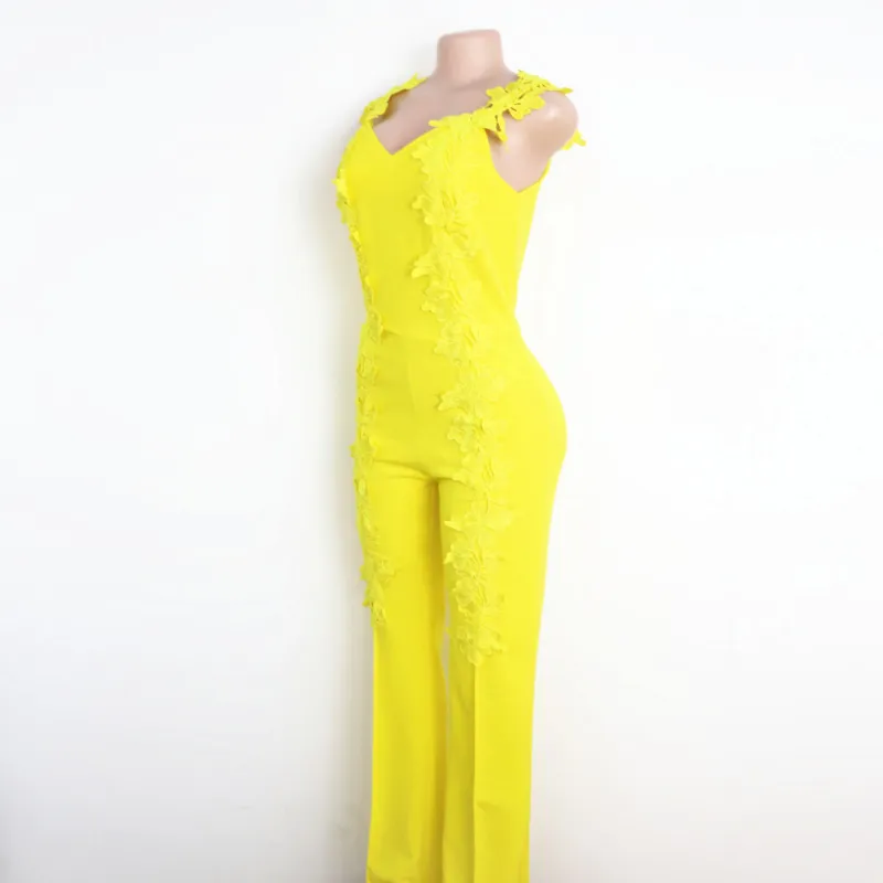 HIGH QUALITY est Fashion Runway Designer Jumpsuit Womens Spaghetti Strap Appliques Straight 210521