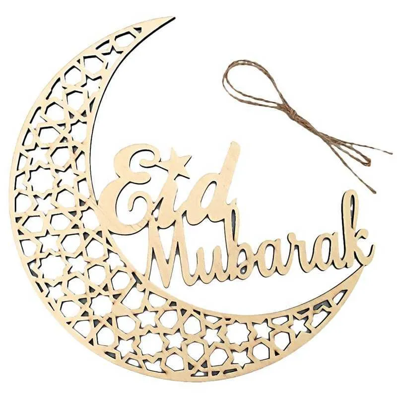 1 pièces décoration du Ramadan pour la maison en bois Eid Mubarak Plaque lune Islam musulman pendentif suspendu fournitures en bois creux Y0730