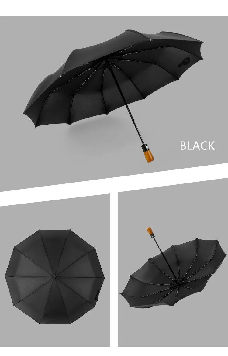 Wood Handle Folding Waterproof Umbrella Business Male Strong Rain Umbrella for Men and Women UV