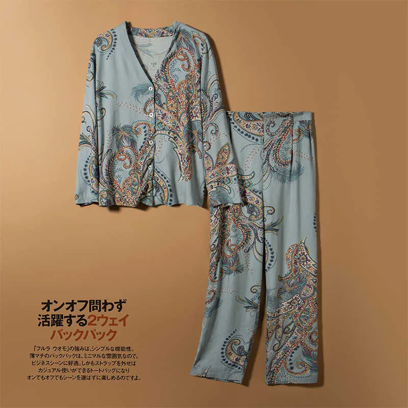 Japanischer Frühlings- und Herbststil Baumwolle Viskose Damen Langarmanzug Feder Große Blume Home Service Pyjamas Frauen 210928
