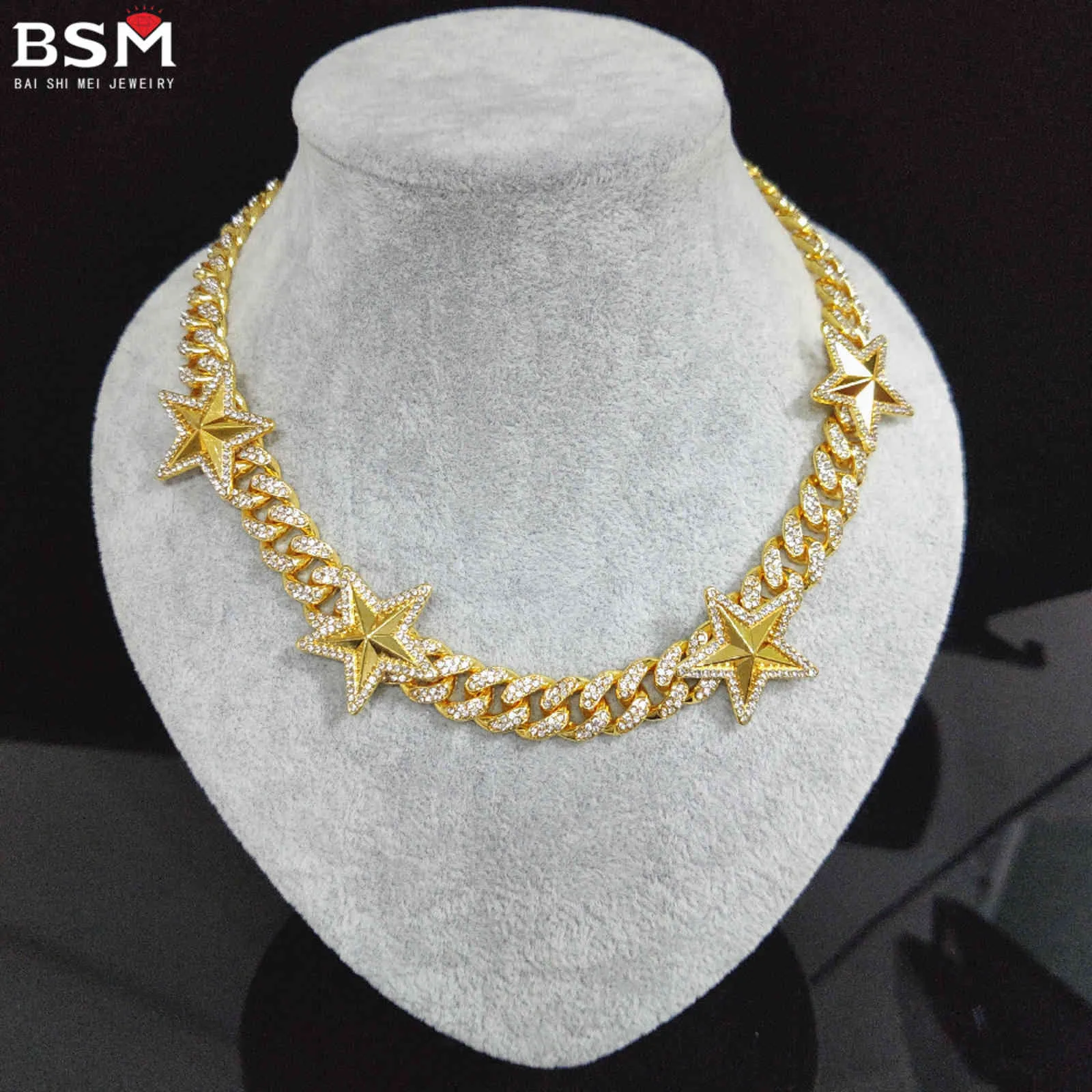 Five-pointed Star Hip Hop Bling Fashion Chain Jewelry Men And Women Same Style Clavicle Gold Silver Miami Cuban Chain Necklace Diamond Ice Crystal Necklace