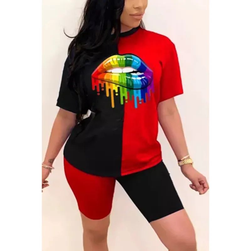 New Summer Women Fashion Rainbow Lip Print Sportswear Top and Shorts Set Ladies Casual O-Neck Pullover Short Sleeve T-Shirt X0428