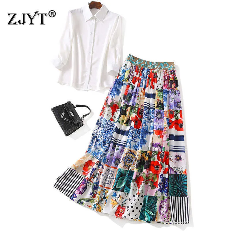 Zomer Designer Fashion Runway Twee Stuk Outfit Vrouwen Witte Blouse en Print Maxi Rok Pak Office Lady Holiday Party Twinset 210601