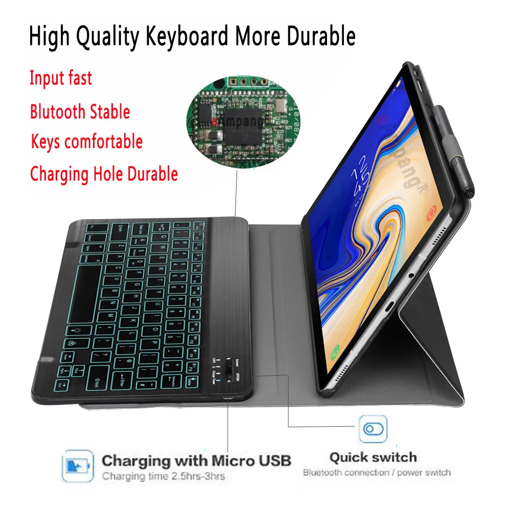 Étui de clavier rétro-éclairé léger pour Samsung Galaxy Tab S4 10.5 SM-T830 SM-T835 T830 T835, housse en cuir pour tablette, clavier Bluetooth