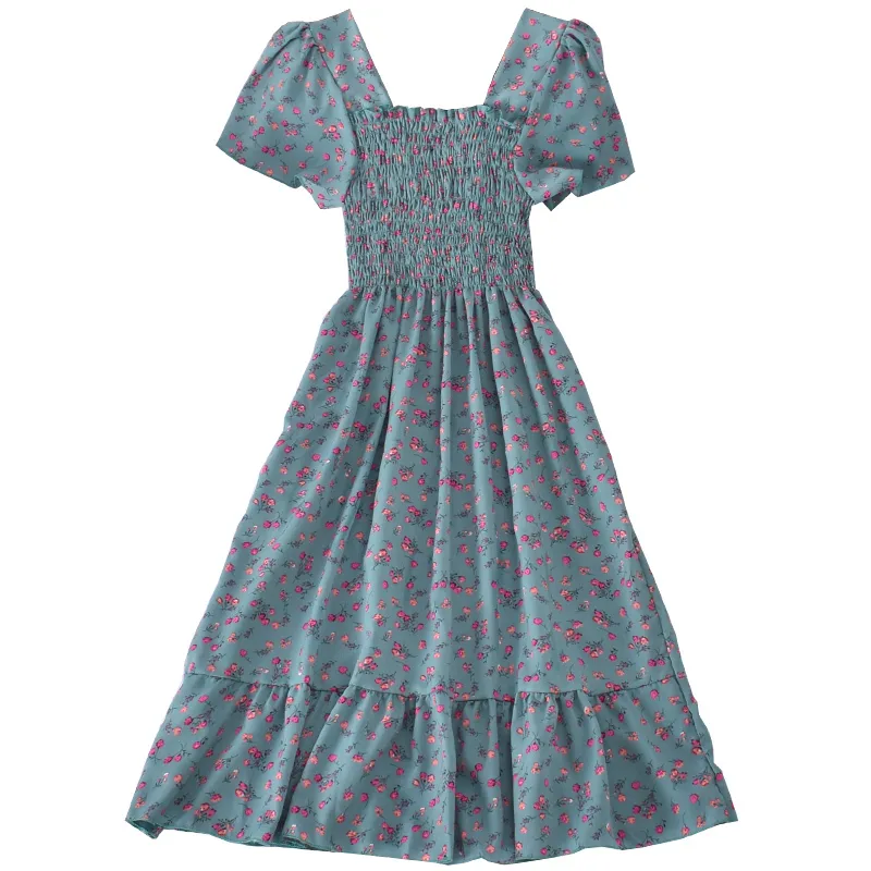 Kimutomo Vintage Kwiatowy Drukarnie Sukienki Kobiety Lato Moda Kwadratowy Kołnierz Krótki Rękaw Ruffles Vestidos Mujer 210521