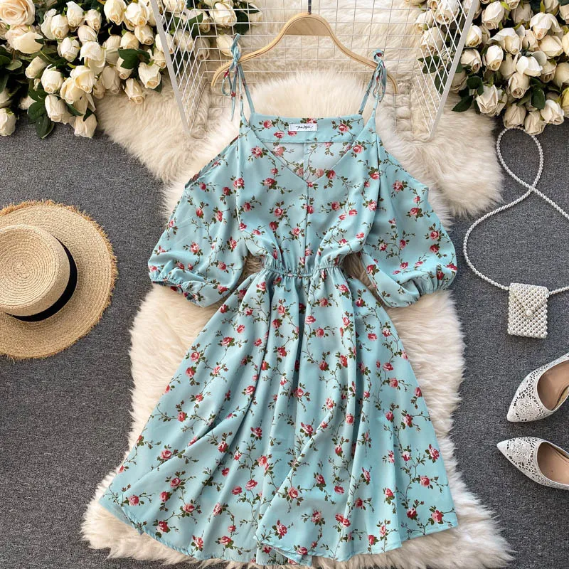 Summer Sweet cute floral print dress V-neck sexy strapless puff sleeve waist slim fashion suspender beach vestidos 210420