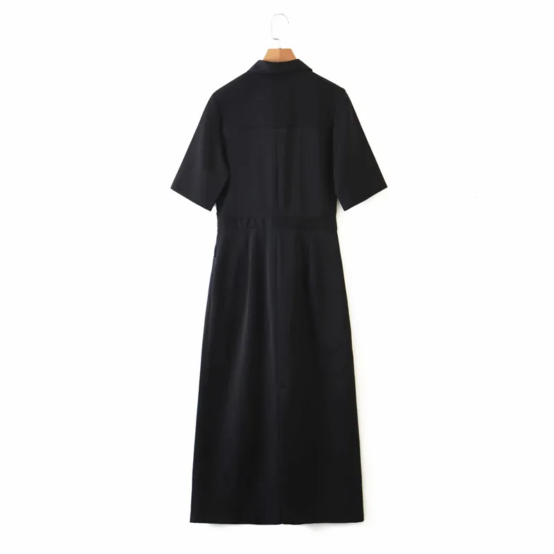 Летние женские рубашки платья карманы с коротким рукавом поворотные воротника поплин черный ES женские элегантные повседневные Vestidos 210513