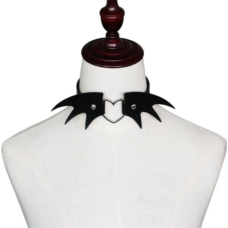 Skórzany Halloween Choker Serce Wing Naszyjnik Kobiety ręcznie robiony w klubie nocnym goty