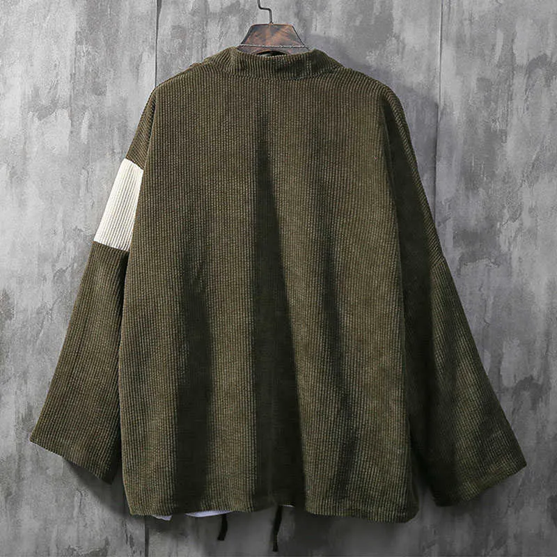 Japan Style Men Corduroy Kimono Jacket Color-blocking Patched Design Drop Shoulder Haori Oversize Loose Thin Coat 211025