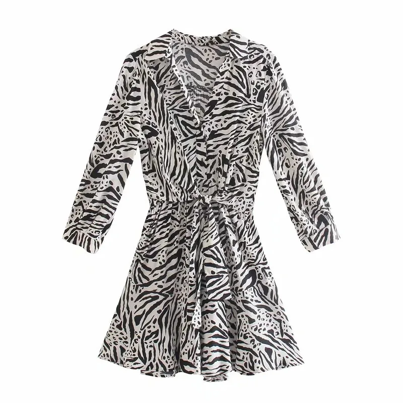 Animal Print Shirt Short Dresses Women Fahsion Knot Long Sleeve Woman Summer Elastic Waist Vintage 210519