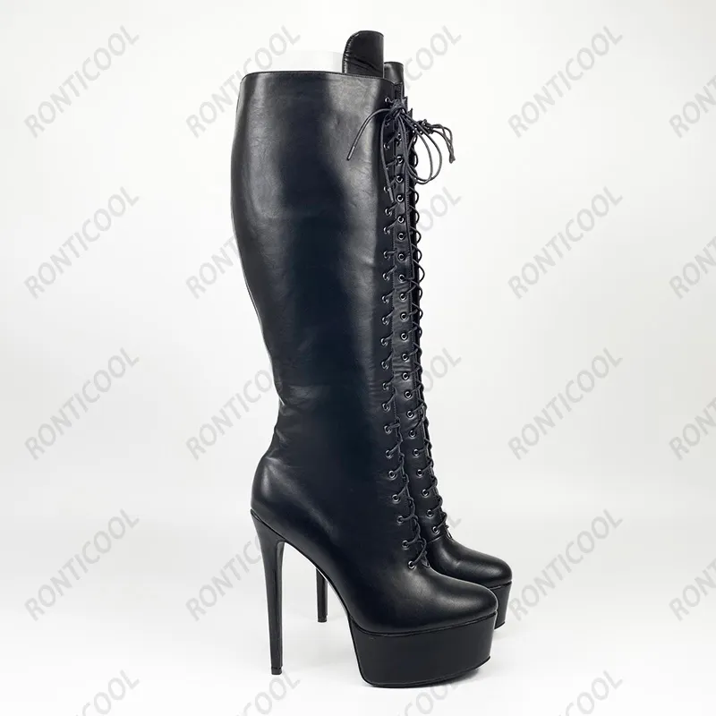 RONTIC Hoge kwaliteit vrouwen winter knie laarzen waterdichte stiletto hakken ronde teen boutique zwart grijs schoenen plus US maat 5-20