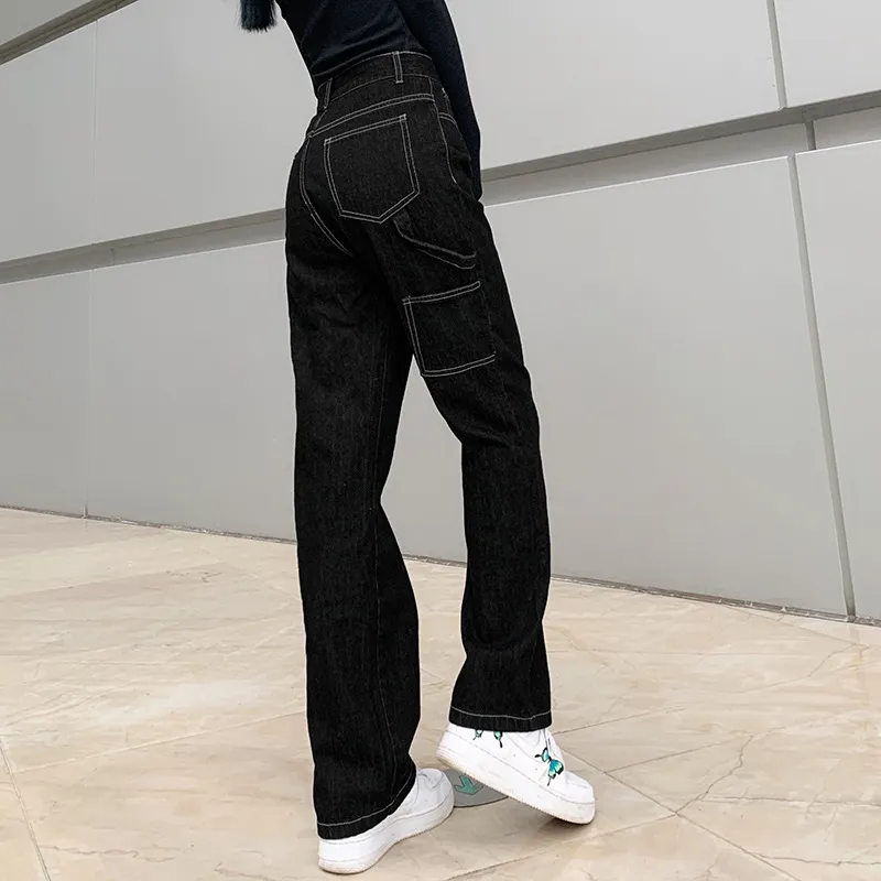 Einfache Jeans Frauen Frühling Hohe Taille Zeigen Dünne Tasche Band Casual Schwarz Mode Weibliche Cowboy Hosen 5A76 210427