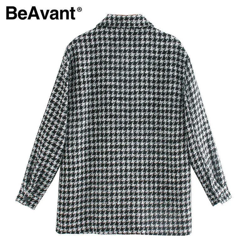 Beavant modieus Houndstooth dameshirt revers Langel Winter Office Top High Street Style Plaid Loose Shirt 210709