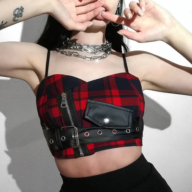 Rosetic Seksi Kayış Tank Üst Kadınlar Gotik Kırmızı Ekose Fermuar Delikleri Cep Streetwear Punk Kız Yaz Rahat Chic Mahsul Tops 210401