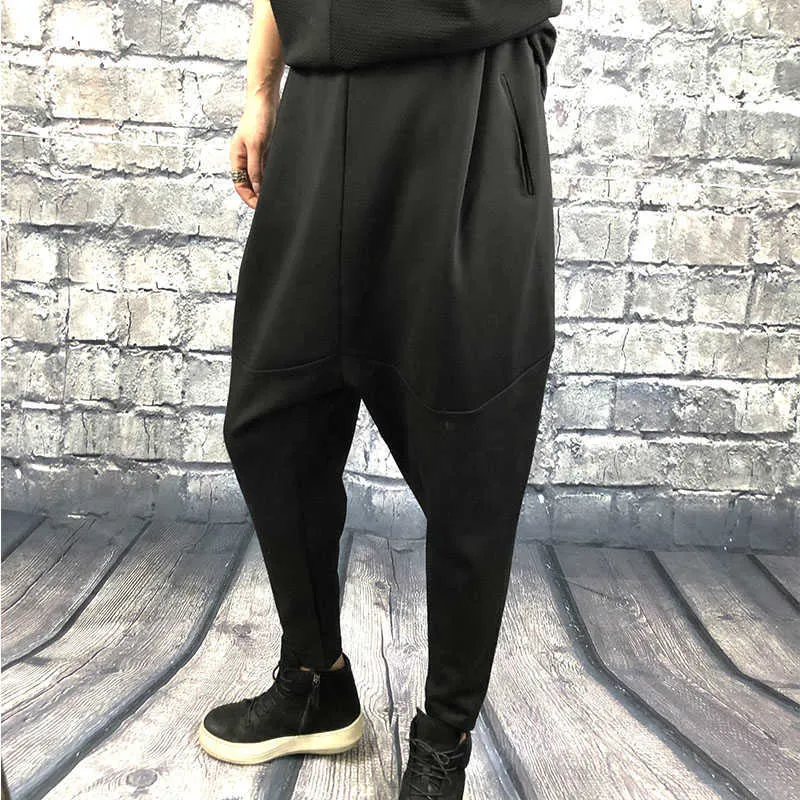 Japanese simple loose feet big crotch pants autumn and winter trendy men's dark stretch thin harem pure black casual 210715