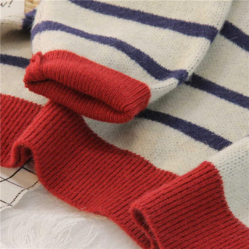 Ebaihui Striped Sweater Kvinnor Casual Loose Pullover O-nacke All-Match Stickad Top Jumper Fall Långärmad Chic Sticka Tröjor 211011