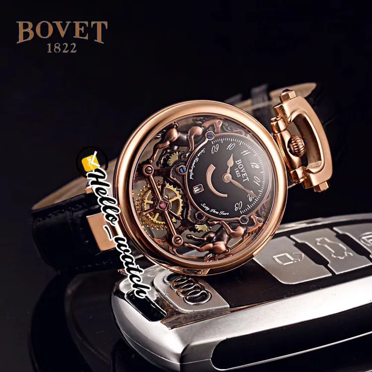 40mm Bovet 1822 Tourbillon Amadeo Fleurie Relógios Quartz Mens Watch Caixa de Ouro Amarelo Mostrador Esqueleto Pulseira de Couro Marrom HWBT Olá 329M