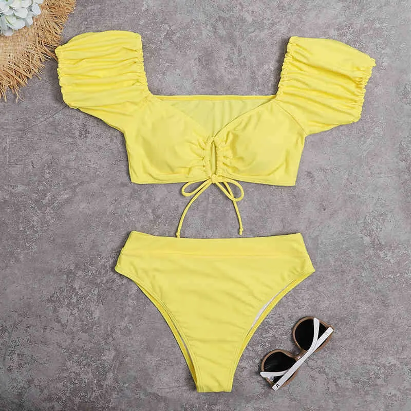 Bikini Set For Women Brazilian Biquini High Waist Bikinis Swimwear Short Sleeve Yellow Swimsuit Bathing Suit Beach Wear 210520