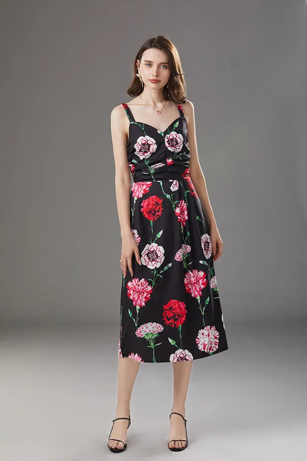 Sommerkleid Maxi-Blumenkleid mit Rüschen, V-Ausschnitt, sexy Party, schwarzer Blumendruck, Abendessen, Strandkleider, Sommerkleidung für Frauen 210421