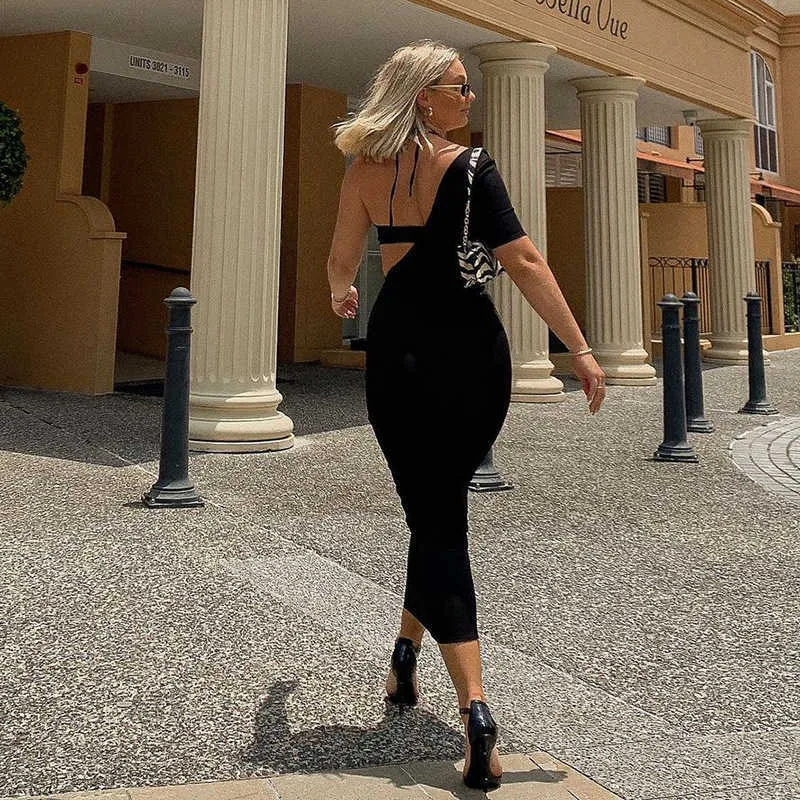 Cryptographic Elegant Halter Sexy Cut-Out Backless Long Midi Dress Women Club Party Gown Sleeveless Black Bodycon Dresses Skinny Y0823