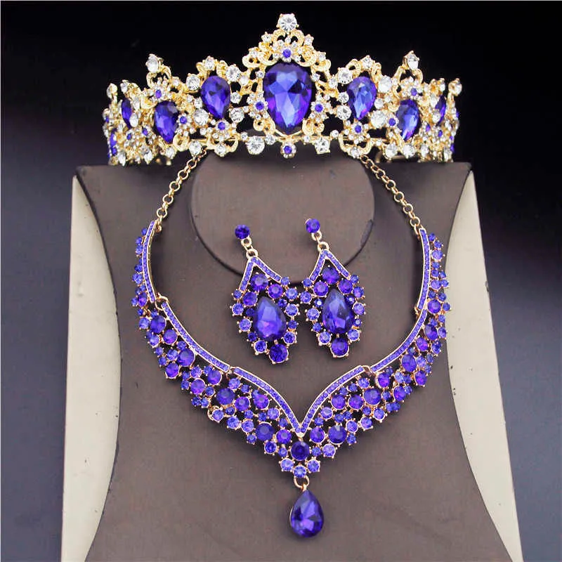 Gorgeous Crystal Jewelry Sets for Women Bridal Wedding Crown Tiaras Earrings Necklaces Jewelrry Set Fashion Bride Accessory H1022