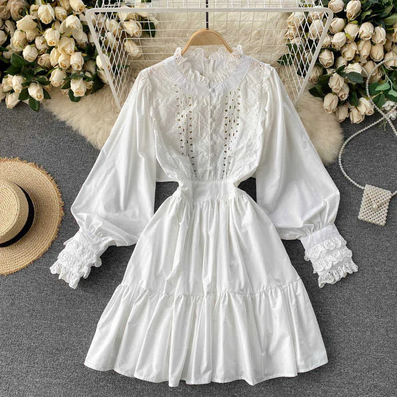 Vintage Yellow/White Hollow Out Lace Dress Women Casual Party High Waist Lantern Long Sleeve Ruffle Vestidos 2021 Spring Autumn Y0603