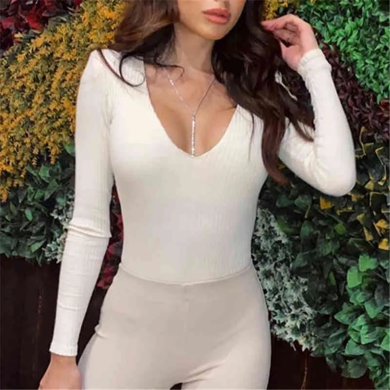 Elegant Women Knitted Bodysuits Fashion Ladies Full Sleeve V-Neck Causal Female Sheath Chic Girl 210427